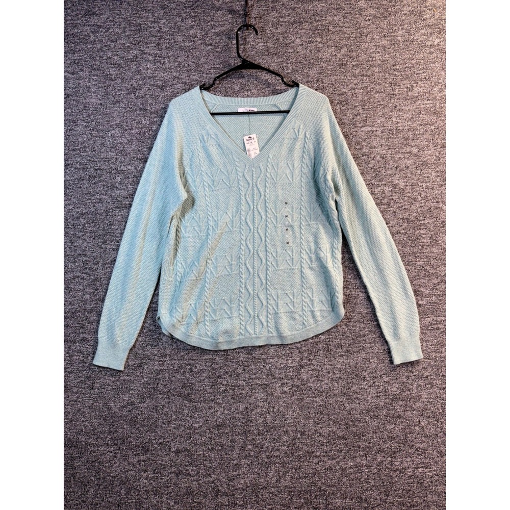 Sonoma Goods for Life Womens Patchwork Cable Pullover V-Neck Sweater Ocean Blue
